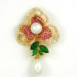 "CJ"  Pave CZ Diamond And Red and Green Crystal 18K plated Flower Brooch signed